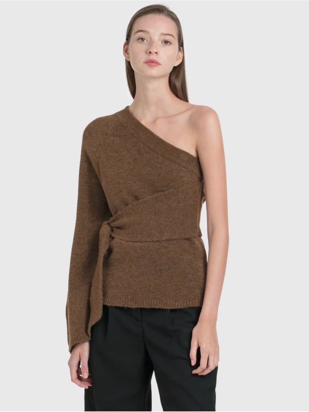 Nanushka Cleto One Shoulder Belted Knit Alpaca Sweater Brown Sz Small